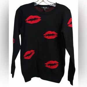 AZI Black Sweater with Red Lip Print